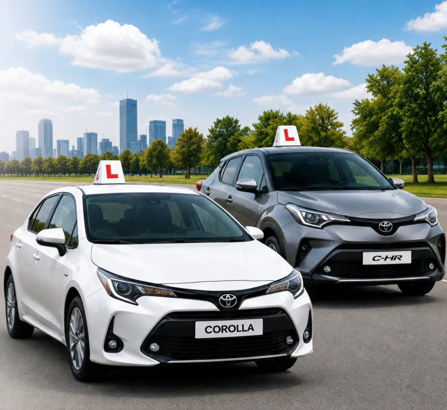 A DriveBase Toyota Corolla and Toyota C-HR with learner plates, parked side by side