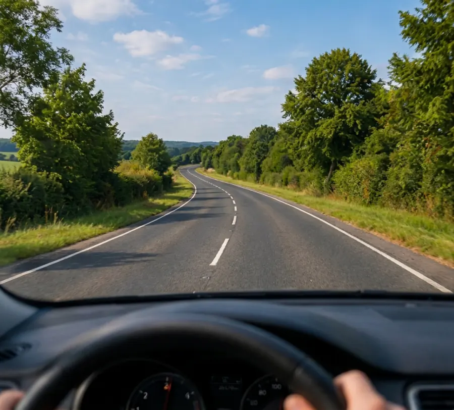 Driver’s view of an open country road from behind the wheel